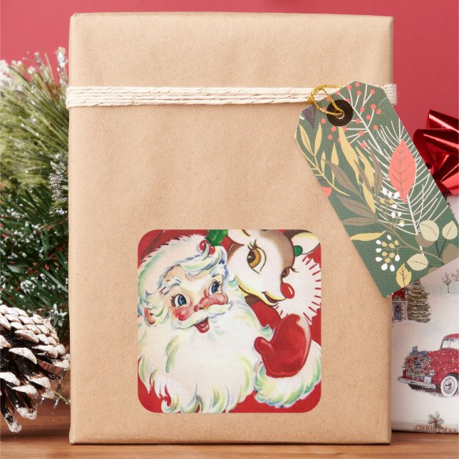 Cuadrada Pegatina retro de reno de Navidad (Vacaciones)