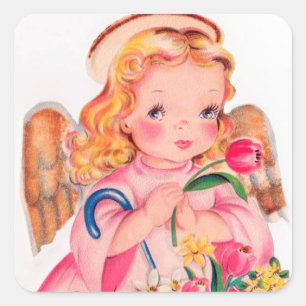 Cuadrada Pegatina retro del día de fiesta del ángel de