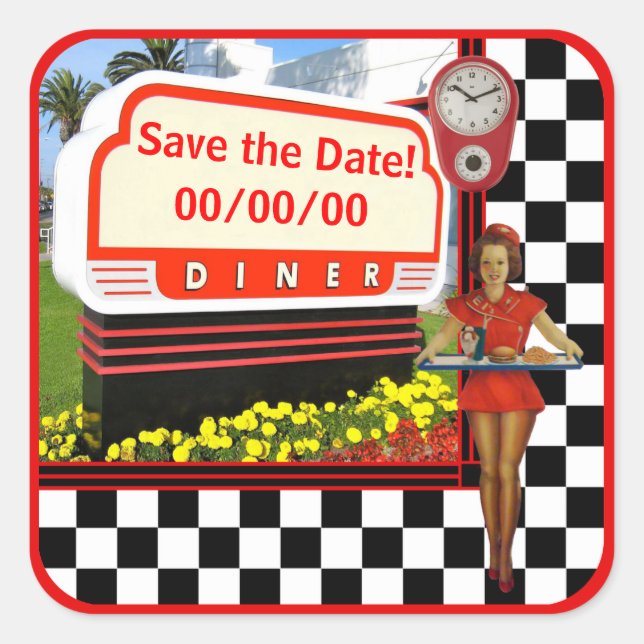 Cuadrada Pegatina Retro Diner Save the Date de los años 50 (Anverso)