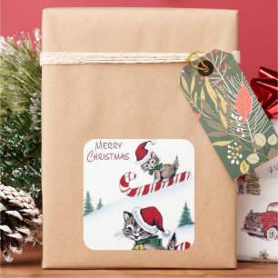 Cuadrada Pegatina retro vintage navidad gatos