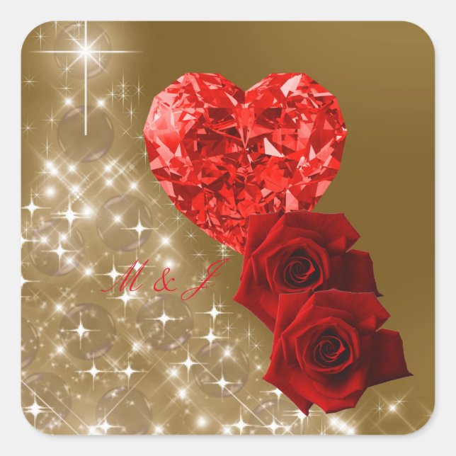 Cuadrada Pegatina Rosa de diamantes rojos personalizado (Anverso)