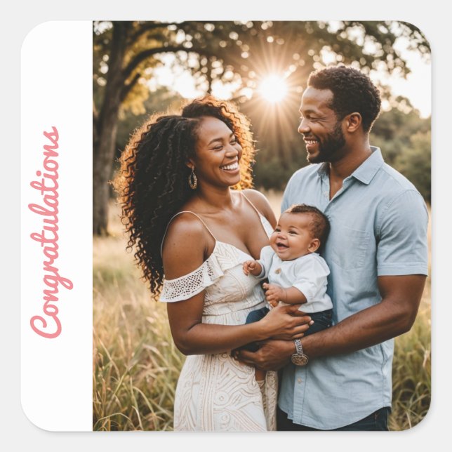 Cuadrada pegatina rosa felicitaciones a bebé (Anverso)