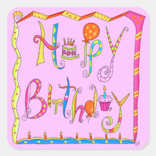 Cuadrada Pegatina Rosa Feliz Cumpleaños