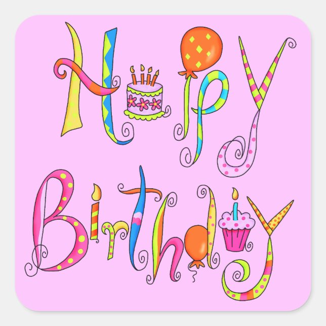 Cuadrada Pegatina Rosa Feliz Cumpleaños (Anverso)