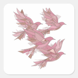 Cuadrada Pegatina Rosa Juguetón TRES PÁJAROS ROSAS EN VUELO