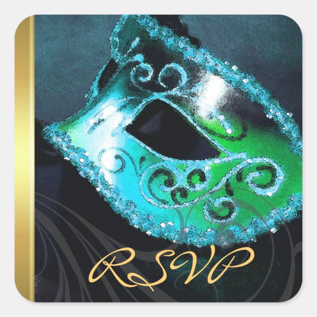 Cuadrada Pegatina RSVP de Swirl Masquerade verde azulada (Anverso)