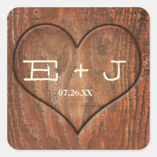 Cuadrada Pegatina rústica de corazón tallado en tronco de á