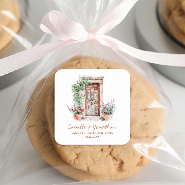 Cuadrada Pegatina Rústico del  de la boda de destino (Rustic Terracotta Wedding  Favor Stickers)