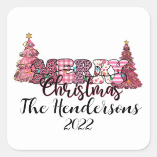 Cuadrada Pegatina Rústico Rosa Merry Christmas Square
