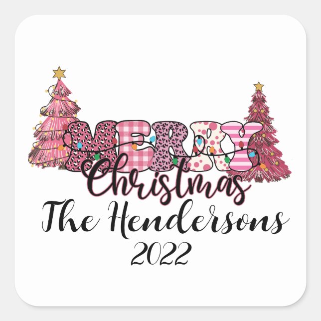Cuadrada Pegatina Rústico Rosa Merry Christmas Square (Anverso)