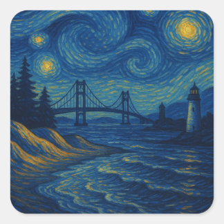 Cuadrada Pegatina Starry Night Bridge