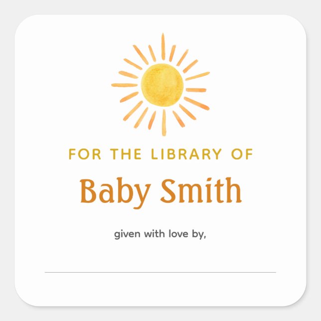 Cuadrada Pegatina Sunshine de Bookplate de Baby Shower (Anverso)