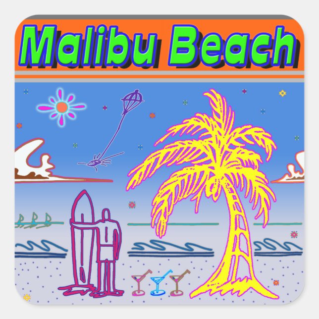 Cuadrada pegatina Surfista "Malibu Beach" (Anverso)