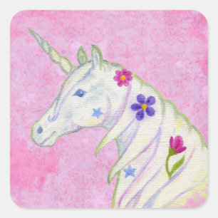 Cuadrada Pegatina Unicornio de Flor Rosa
