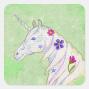 Cuadrada Pegatina Unicornio de Flor Verde