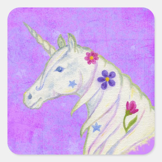Cuadrada Pegatina Unicornio de flores moradas (Anverso)