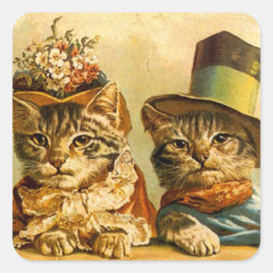 Cuadrada Pegatina Vintage Vestido Gato Pareja en la ciudad