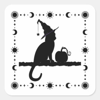 Cuadrada Pegatina Witch Cat Halloween