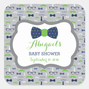 Cuadrada Pequeño hombre Pegatina Baby Shower, azul, verde, 