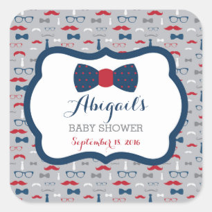 Cuadrada Pequeño hombre Pegatina Baby Shower, rojo, azul, g