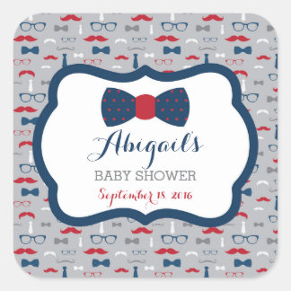Cuadrada Pequeño hombre Pegatina Baby Shower, rojo, azul, g