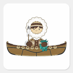 Cuadrada Pequeño pescador inuit en Pegatina Kayak