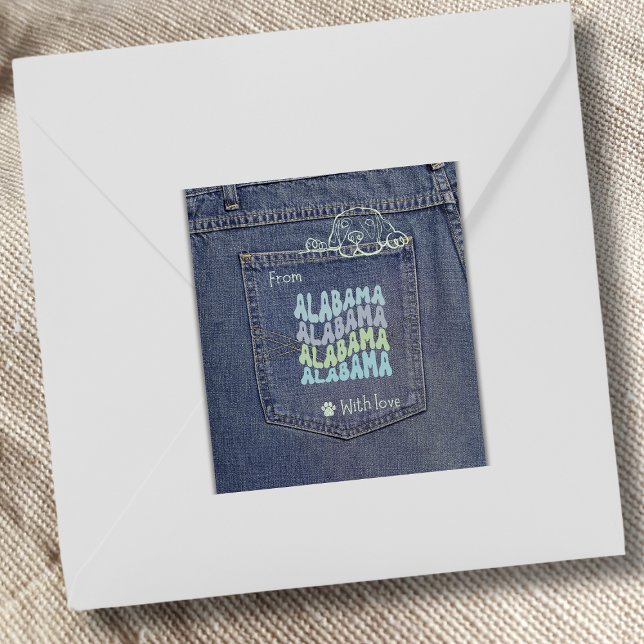 Cuadrada Perro de Alabama en Jean Pocket Pegatina de Plaza  (Cute denim pocket sticker with a doggy peeking out. Use it on gifts, packages and envelopes!)