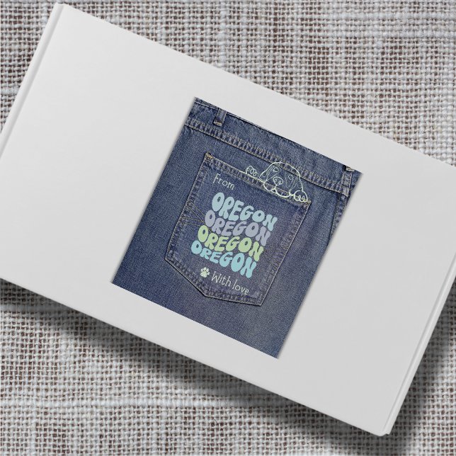 Cuadrada Perro de Oregon en Jean Pocket Pegatina clásico de (Cute denim pocket sticker with a doggy peeking out. Use it on gifts, packages and envelopes!)