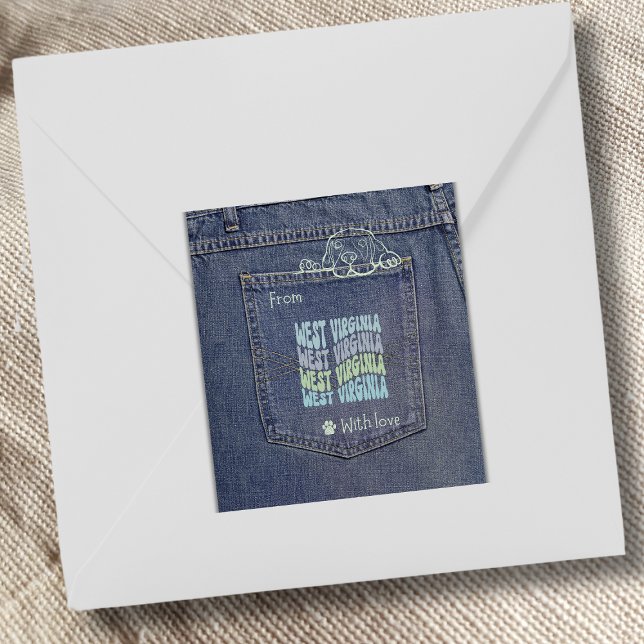 Cuadrada Perro de Virginia Occidental, Pegatina de Jean Poc (Cute denim pocket sticker with a doggy peeking out. Use it on gifts, packages and envelopes!)
