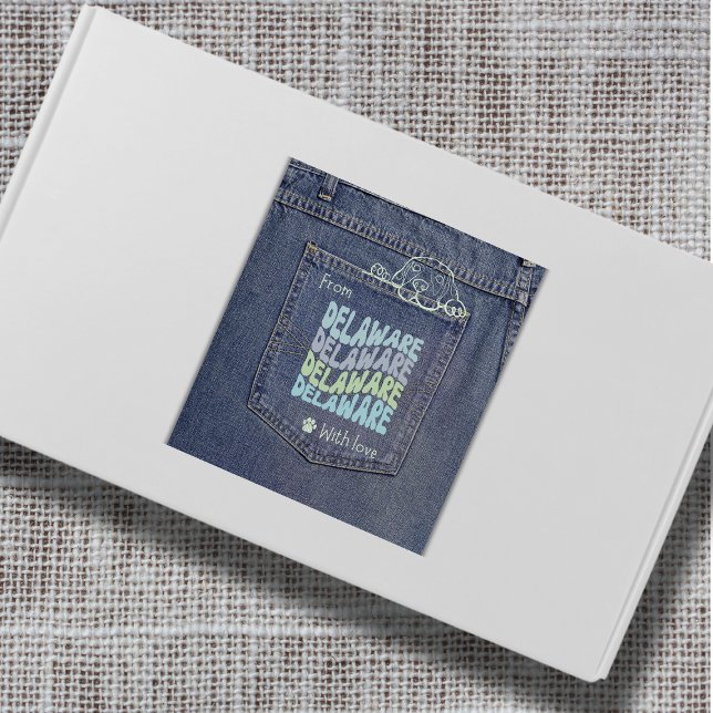 Cuadrada Perro Delaware en el Pegatina de Jean Pocket Class (Cute denim pocket sticker with a doggy peeking out. Use it on gifts, packages and envelopes!)