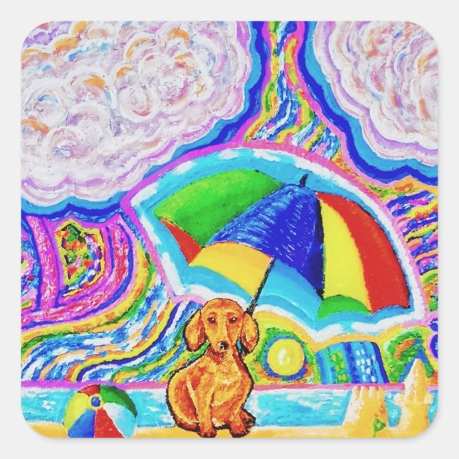 Cuadrada Perro en un Pegatina de playa (Anverso)