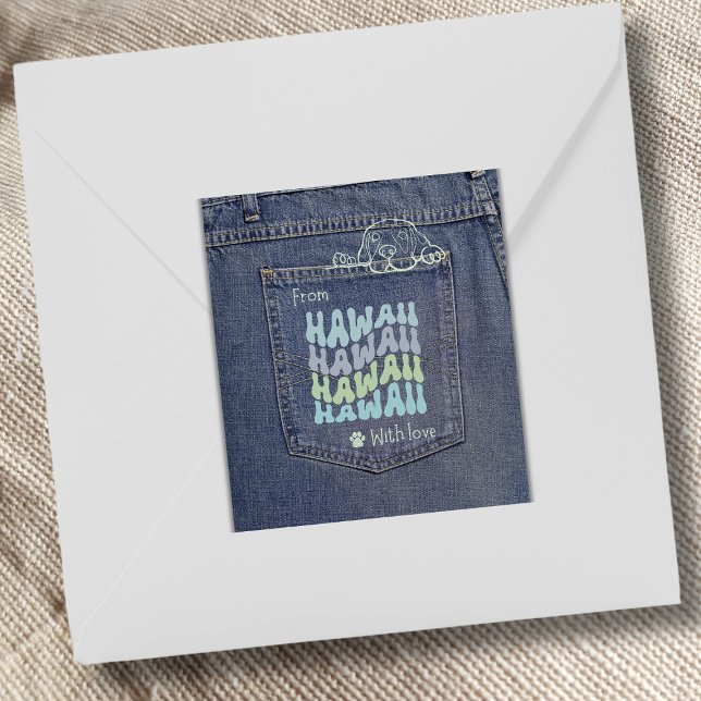 Cuadrada Perro hawaiano en un Pegatina de Jean Pocket Class (Cute denim pocket sticker with a doggy peeking out. Use it on gifts, packages and envelopes!)