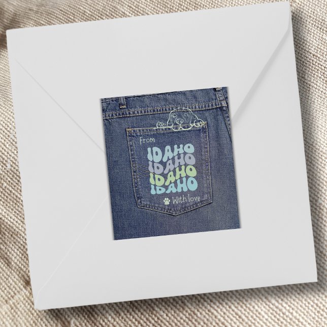 Cuadrada Perro Idaho en Jean Pocket Pegatina clásico de Pla (Cute denim pocket sticker with a doggy peeking out. Use it on gifts, packages and envelopes!)