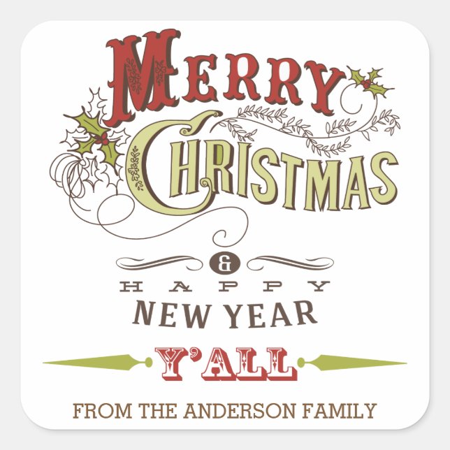 Cuadrada Personalizado Feliz Navidad Y'All Pegatina de Navi (Anverso)