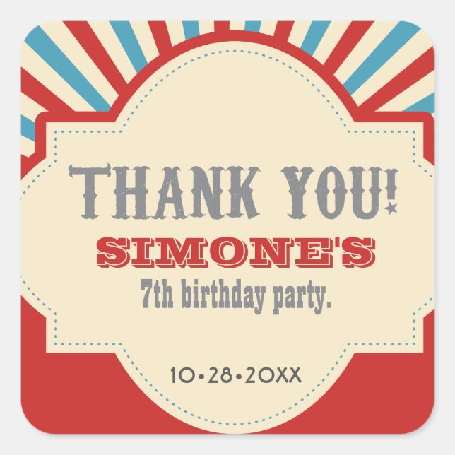 Cuadrada Personalizado, Fiesta temática del circo, pegatina (Anverso)