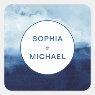 Cuadrada Personalizado Pegatina Bride Groom Name Blue Water