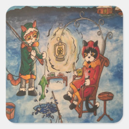 Cuadrada Pesca con hielo en gatos nocturnos Pegatina rectan