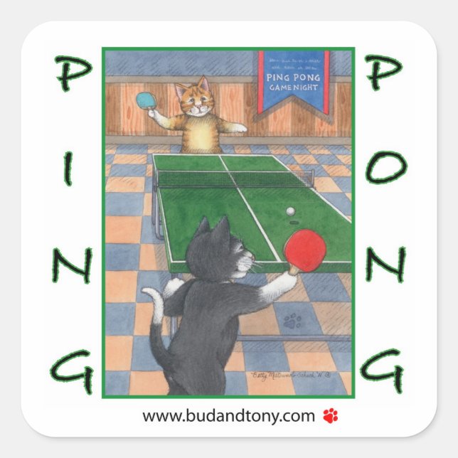 Cuadrada Ping Pong Cats Bud & Tony Pegatina (Anverso)