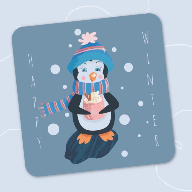 Cuadrada Pingüino de dibujos animados con pegatina azul de  (Cartoon penguin with hot cocoa blue square winter sticker .)