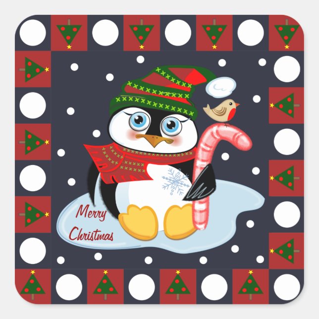 Cuadrada Pingüino y Robin pegatina de navidad dulce (Anverso)
