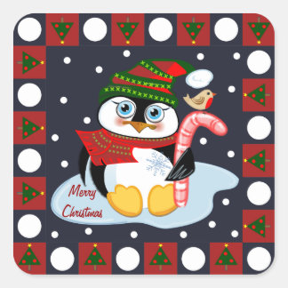 Cuadrada Pingüino y Robin pegatina de navidad dulce