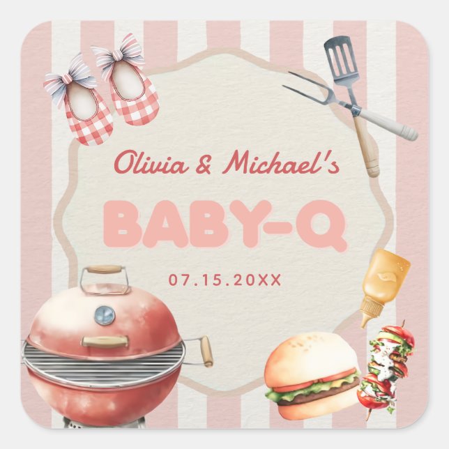 Cuadrada Pink Backyard BBQ Baby Q Baby Shower Pegatina (Anverso)