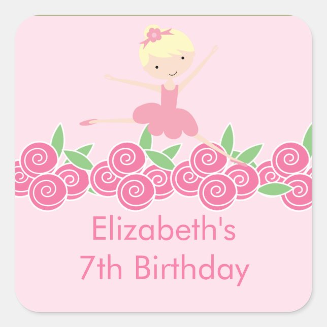 Cuadrada Pink Ballerina Tutu Dance Birthday Party Pegatina (Anverso)