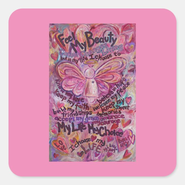 Cuadrada Pink Cancer Angel Poem Personalizado Pegatina Art  (Anverso)