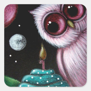 Cuadrada PINK OWL SU Pegatina CUPCAKE CUMPLEAÑOS