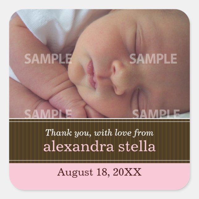 Cuadrada Pinstripe Ribbon Baby Message Pegatina (Anverso)
