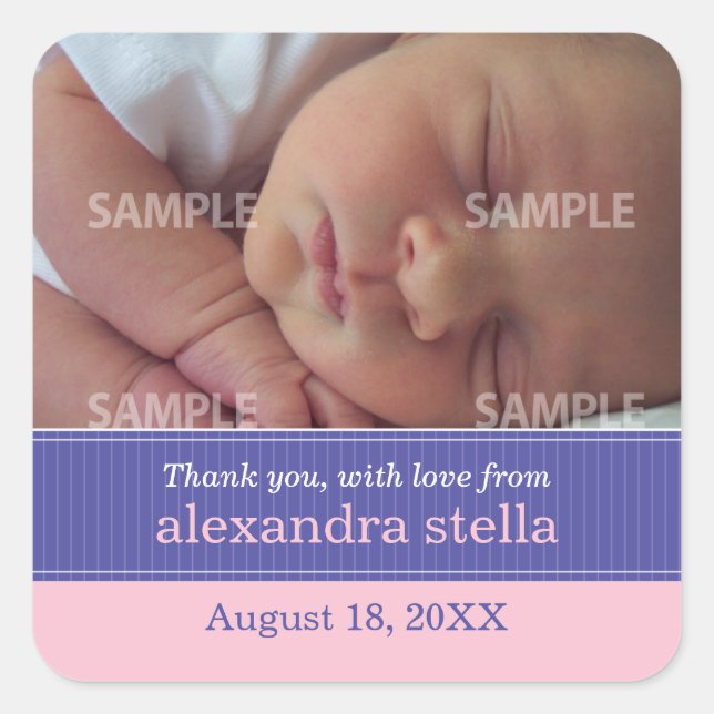 Cuadrada Pinstripe Ribbon Baby Message Pegatina (Anverso)