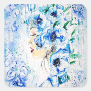 Cuadrada Pintado de fantasía de Pegatina floral azul