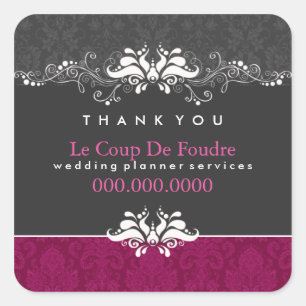 Cuadrada Plum Gray Damask Wedner Gracias Pegatina