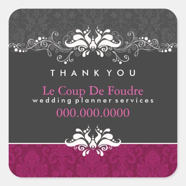 Cuadrada Plum Gray Damask Wedner Gracias Pegatina (Anverso)